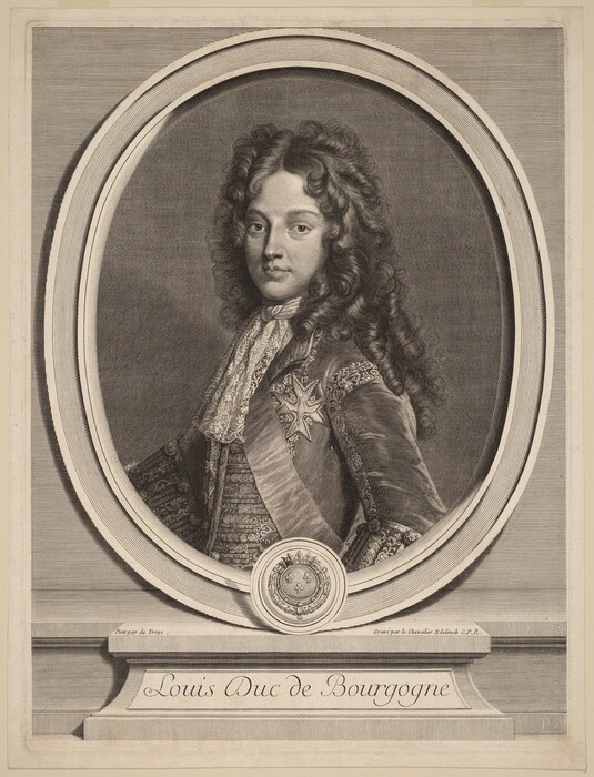 The image shows a man from the waist up, turned slightly to his right. He has a youthful face with long, curly hair flowing past his shoulders. He is wearing ornate historical aristocratic clothing, including a decorated coat with a lace collar showing. He has a sash with a star-shaped medal over his shoulder, indicating high rank. The man is in an oval frame with a plaque below it reading "Louis Duc de Bourgogne" in elaborate script. The background is plain with engraved lines.