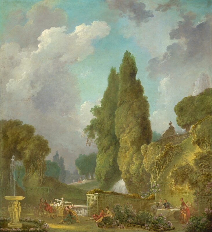 From a distance, we look slightly down into a lush park filled pairs and groups of elegantly dressed, light-skinned adults and children frolicking and socializing in this vertical painting. The color palette is dominated by celery and olive green and tawny, soft brown. An aquamarine-blue sky filled with towering white clouds and soaring trees fills the upper three-quarters of this painting. People gather in small groups around a fountain to our left, a balustraded terrace at the center, and a dining table enclosed by tall trellises to our right. On the terrace, a blindfolded woman in a butter-yellow gown stretches out her arms over several people leaning away from her. The people in this game with her and the others wear suits and dresses in warm crimson red, rose pink, goldenrod yellow, baby blue, or teal. The women’s long dresses have ruffled sleeves that come to their elbows. The men wear jackets over cream-white shirts, and some wear white stockings with knee-length britches. The base of the fountain to our left is carved with statues around the base. A jet of water sprays up from a shallow bowl above. Atop the tall terrace surrounding the dining table, a statue of a woman wearing a helmet looks down to our left in profile. Water cascades in a waterfall on the far side of the terrace below, presumably from a second, unseen fountain.