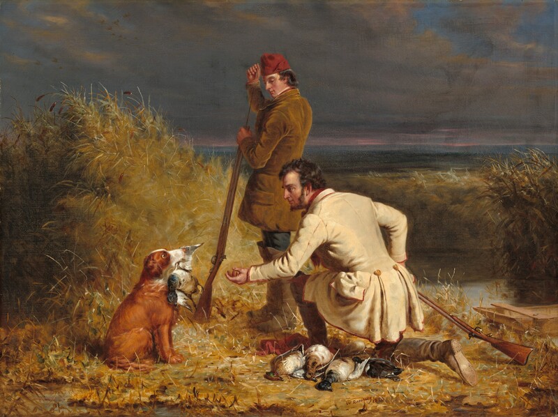 Two pale-skinned men in a marshy landscape look at a wide-eyed dog, which holds a dead duck in its mouth in this horizontal landscape painting. One man kneels facing our left in profile and holds one hand out toward the dog. The man has short, dark hair and a dark beard with no mustache. He wears a beige-colored jacket trimmed with red, dark brown pants, and knee-high brown boots. He holds a rifle by its barrel with his other hand so the stock rests on the ground in the lower right corner of the painting. Four dead ducks lie by his foot, where hobnails lining on the sole and heel gleam. The second man stands just behind and to the left of the kneeling fellow. The standing man is clean-shaven and wears a red, brimless, high-crowned cap on his dark hair. His jacket is golden brown, his pants are marine blue, and boots are pale brown. He loads or cleans the barrel of his rifle with a rod. He looks down at the dog, who looks intently at the kneeling man. The dog is mostly brown with long fur and white spots on its nose and down the front of its neck. The animal sits at attention with the bird’s wing clamped in its mouth. Tall marshy grasses and cattails grow around the men and dog, and around a narrow body of water in the near distance to the right. A larger body of water stretches to the horizon, which comes almost two-thirds of the way up the composition. The sky is streaked with pink along the horizon and blanketed with purple-tinged, gray clouds. The artist signed and dated the painting on the bottom edge, “W Ranney 1850.”