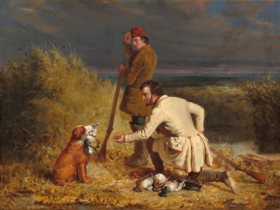 Two pale-skinned men in a marshy landscape look at a wide-eyed dog, which holds a dead duck in its mouth in this horizontal landscape painting. One man kneels facing our left in profile and holds one hand out toward the dog. The man has short, dark hair and a dark beard with no mustache. He wears a beige-colored jacket trimmed with red, dark brown pants, and knee-high brown boots. He holds a rifle by its barrel with his other hand so the stock rests on the ground in the lower right corner of the painting. Four dead ducks lie by his foot, where hobnails lining on the sole and heel gleam. The second man stands just behind and to the left of the kneeling fellow. The standing man is clean-shaven and wears a red, brimless, high-crowned cap on his dark hair. His jacket is golden brown, his pants are marine blue, and boots are pale brown. He loads or cleans the barrel of his rifle with a rod. He looks down at the dog, who looks intently at the kneeling man. The dog is mostly brown with long fur and white spots on its nose and down the front of its neck. The animal sits at attention with the bird’s wing clamped in its mouth. Tall marshy grasses and cattails grow around the men and dog, and around a narrow body of water in the near distance to the right. A larger body of water stretches to the horizon, which comes almost two-thirds of the way up the composition. The sky is streaked with pink along the horizon and blanketed with purple-tinged, gray clouds. The artist signed and dated the painting on the bottom edge, “W Ranney 1850.”