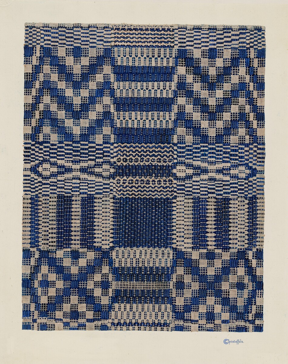 The image displays interwoven shapes in a checkerboard pattern, consisting of parallel and intersecting lines forming intricate designs. The abstract composition merges repeated geometric motifs, resembling textile patterns. The grid-like background alternates between blue and beige colors, with sections resembling zigzags, lattice, and interconnected crosses.