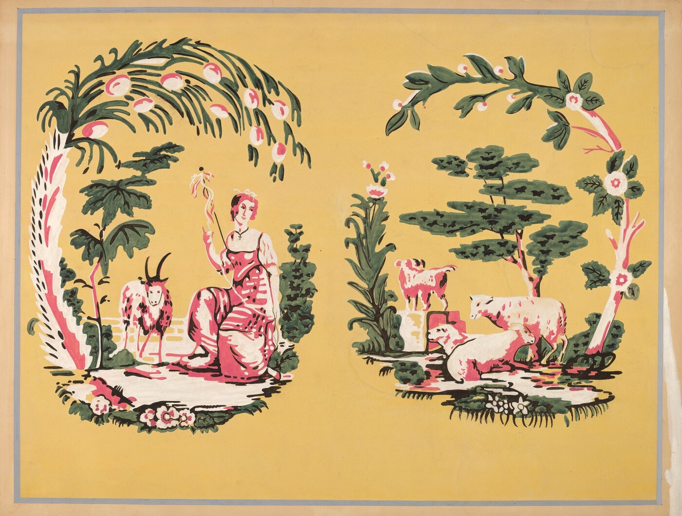 The image depicts pastoral scenes with decorative elements. It is divided into two oval vignettes on a pale yellow background. The left vignette shows lush greenery and animals, with a figure holding a staff seated beside a goat. The right vignette includes a cow, a sheep, and another reclining animal, surrounded by greenery with flowing lines, rich greens, bright whites, and red accents. The style is reminiscent of Jean-Baptiste Pillement.