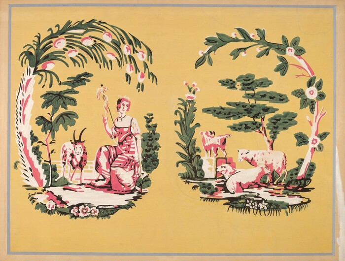 The image depicts pastoral scenes with decorative elements. It is divided into two oval vignettes on a pale yellow background. The left vignette shows lush greenery and animals, with a figure holding a staff seated beside a goat. The right vignette includes a cow, a sheep, and another reclining animal, surrounded by greenery with flowing lines, rich greens, bright whites, and red accents. The style is reminiscent of Jean-Baptiste Pillement.