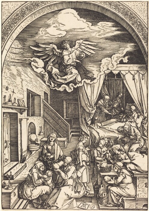 This is a drawing of an indoor scene with an angel and several figures engaged in various domestic activities. The image depicts a room bustling with activity, where multiple figures are attending to tasks around a central bed. A hovering angel figure appears amidst clouds at the upper part of the image. The architecture and furnishings, such as a staircase, fireplace, and wooden interior, add depth and context to the scene. The lower area shows figures interacting, possibly engaged in conversation and domestic work. The drawing has intricate lines and details.