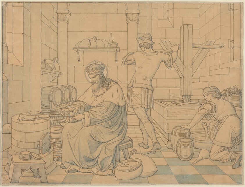 Saint Wenzel Cooking Hosts as Two Youths Press Wine