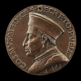 Cast in low relief, a cleanshaven man with a lined face and sagging jowls faces our left in profile on this round bronze medallion. His long nose points down at the end and wrinkles line his forehead. The corner of his mouth that we see is turned slightly down. His short hair is mostly covered by a brimless cap that flares slightly out away from the crown, and he wears a high-necked garment. An inscription around the perimeter of the medallion reads, “COSMVS MEDICE S DECRETO PVBLICO PP.”