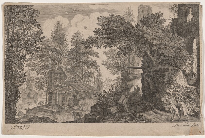 Travelers Resting in a Forest near a Hut
