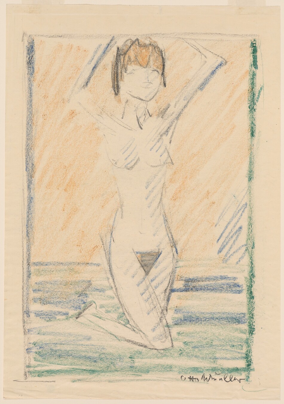 The image depicts a sketch of a kneeling female figure with her legs folded underneath her. Her arms are raised, hands behind her head. Facial features are minimal, with short hair and a dark triangle suggesting underwear. The background consists of broad strokes of orange, blue, and green, creating a half-framed effect. The setting is abstract with soft colors and lighter shades.