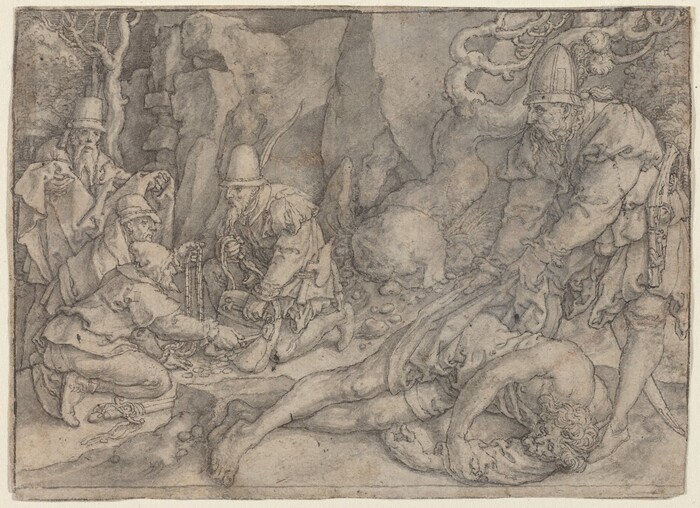 This is a monochromatic drawing depicting a group of figures in a rocky and natural environment. The figures are engaged in a dramatic scene, with some surrounding a reclining, undressed figure. The scene is intense and animated, with the landscape adding to the atmosphere. The drawing showcases fine lines, detailing, and shading to depict textures and depth in the artwork.