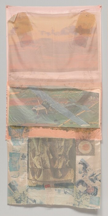 The image displays a collection of layered, translucent rectangles with soft, overlapping borders and diffused colors. The layers form an abstract composition resembling a complex quilt or collage. The top portion features peach and pink tones, while the middle includes a shape resembling an airplane. Beneath, there are blue and earthy hues with forms suggesting rock formations or sculptures alongside scattered text fragments similar to pages from a book. The composition invites viewers to connect with concepts like landscapes, flight, and historical artifacts.