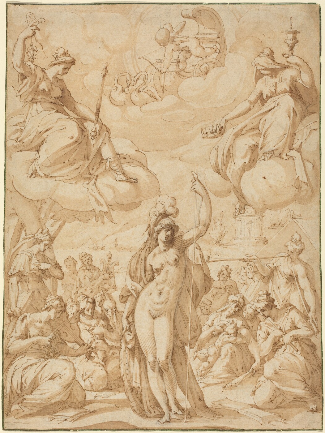 The image depicts a scene with mythological figures. A central nude female figure holds a staff or spear, partially draped in a flowing garment. Other figures in flowing robes surround her, some sitting and others in conversation. Above them on clouds sit two regal figures holding symbols of power, with a cherub-like figure on a chariot drawn by swans. Subtle architectural elements in the background contribute to a classical atmosphere. The drawing features detailed line work emphasizing movement and expressions.