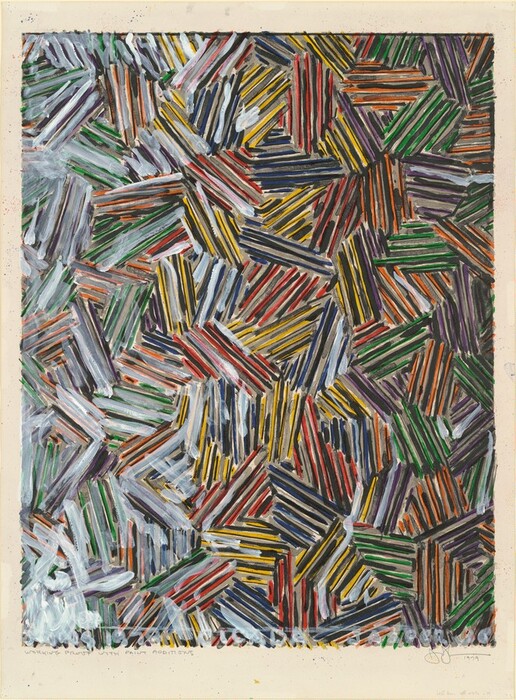 The image displays an arrangement of short, diagonal lines creating geometric patterns across the canvas. The lines overlap to form a visually complex scene. The composition features vibrant colors such as yellow, red, green, blue, and orange. Each section resembles neatly stacked straws or pencils. The colorful lines create a tapestry-like effect, evoking the image of a structured urban landscape or a patchwork quilt of textures and hues.