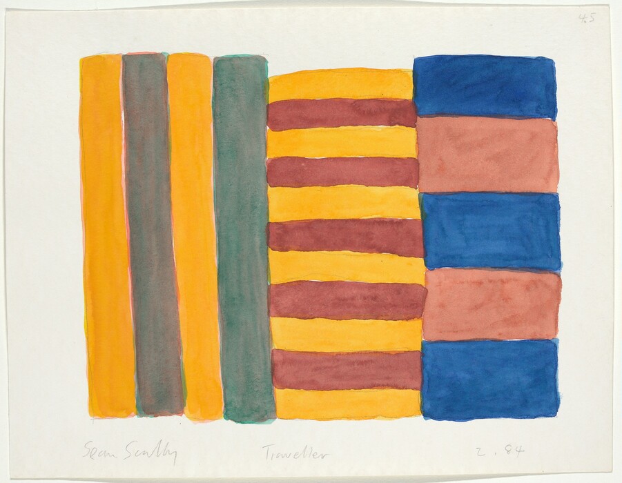 The image depicts a series of vertical and horizontal rectangular shapes arranged in a grid-like pattern. The vertical shapes on the left alternate between orange and green hues. Following these are horizontal rectangles in mustard yellow and rust colors. On the right side, the blocks alternate between blue and brown tones. The overall composition may evoke connections to objects like shelves, books, or textiles.