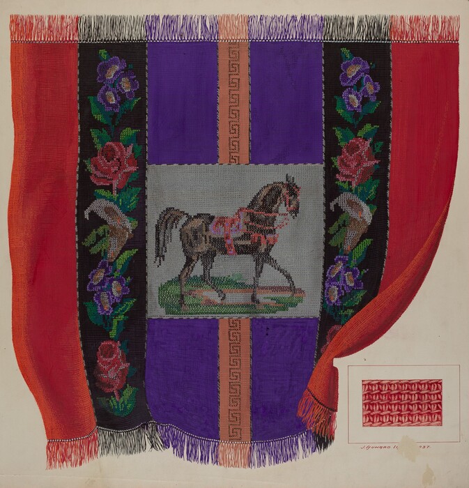 This is a painting of a decorative textile design featuring a central horse motif. The artwork depicts a curtain-like textile with a dominant central panel showcasing an ornate horse standing on a grassy patch, with intricate detailing on its body. Surrounding the horse are vertical bands of deep purple adorned with designs of roses and horse heads. Red borders frame the textile. The texture is enhanced by fringe detailing, adding to its ornate appearance. In the lower right corner, a smaller inset panel displays a repetitive geometric pattern. Additional detailed ornamentation is present in the textile, with a subtle geometric pattern running vertically at the seams between bands.