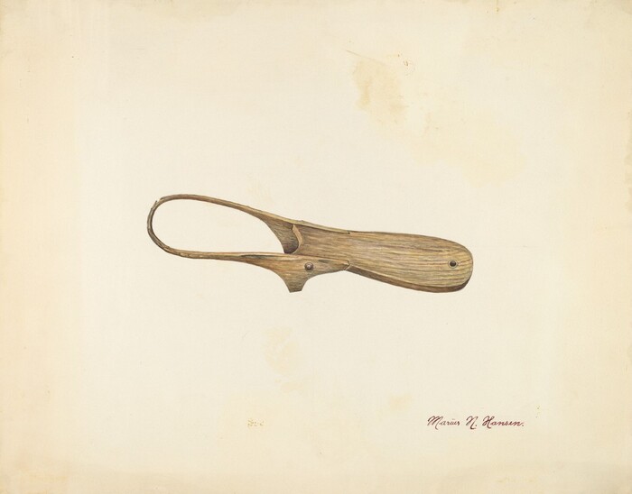 The image shows a drawing of a wooden tool with a handle and a loop at the end. The color palette is muted, with shades of brown for the tool against a light beige background. The tool is positioned slightly above and to the right of center within the composition.