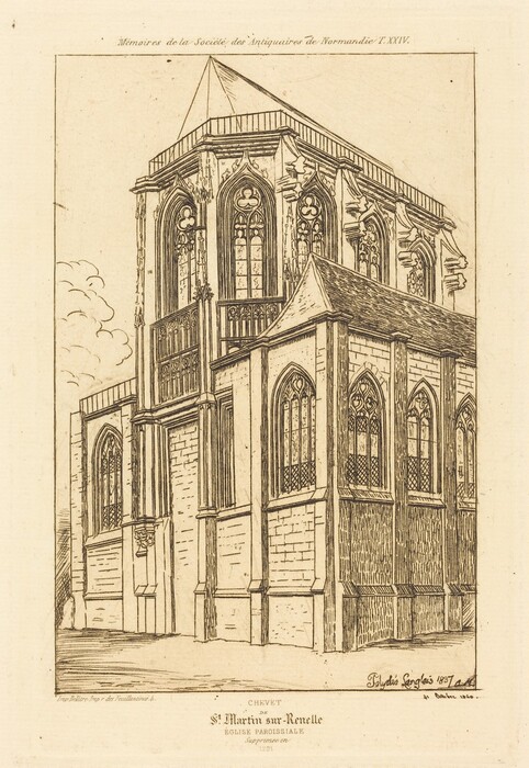 The image shows an architectural drawing of the chevet of St. Martin sur Renelle, a parish church. The drawing highlights the Gothic style of the church with high-arched windows and ornate tracery. Fine cross-hatching is used to depict shadows and textures on the church's stonework. The color palette is monochromatic, using shades of sepia and brown. Cloud formations are included on the left side of the drawing.