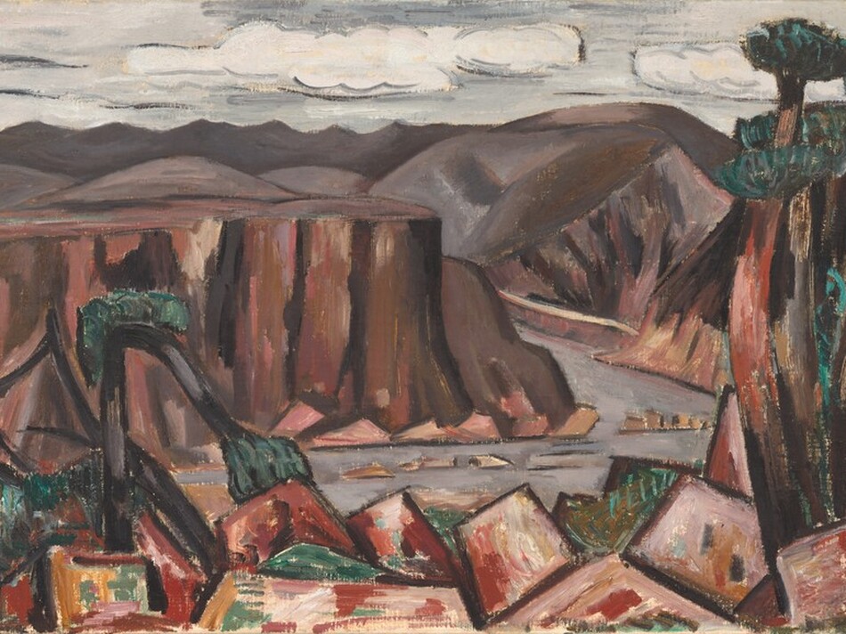 A steel-gray river separates blocky forms and trees across the bottom of this stylized landscape from sheer cliffs and mountains beyond in this horizontal painting. The blocky forms, perhaps abstracted boulders, close to us are painted with shades of maroon red, mauve pink, and terracotta orange. Trees with thin brown trunks and narrow tufts of green to suggest canopies grow up the right edge of the canvas, and a tree bows over to the left, presumably broken. Across the river, the flat-topped cliffs to the left and mountains beyond are painted with visible strokes in shades of brown with some highlights in dark rose pink. A silvery-gray sky with white clouds fills the top fifth of the composition.