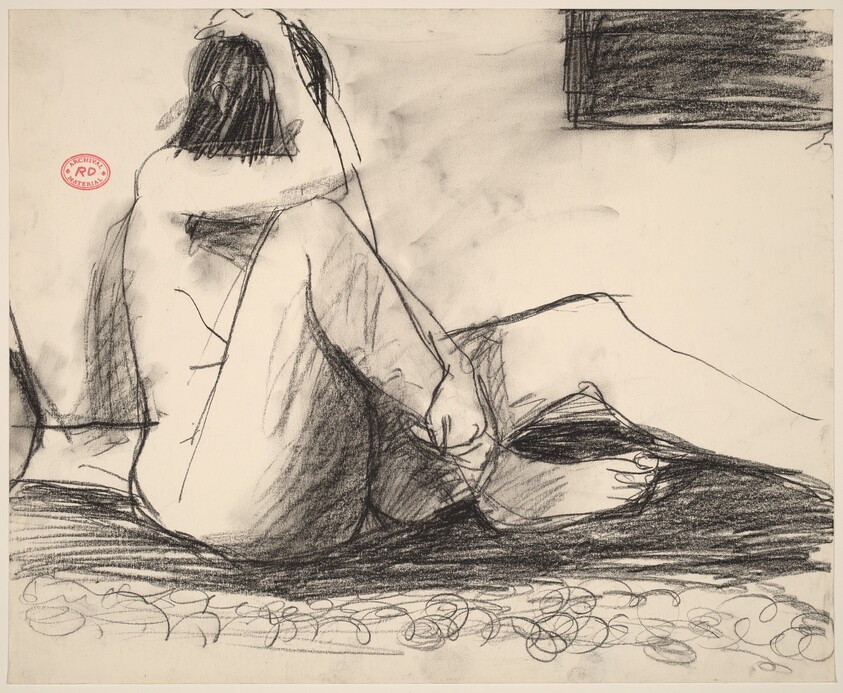 Untitled [seated female nude grasping head and leg]
