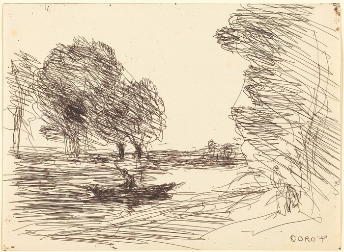 The drawing depicts a view along a body of water. The perspective is slightly elevated, with a horizon line towards the top of the image. Trees with densely scribbled canopies are visible, along with some tall trees on the left and right sides. A small boat with a seated figure is on the water. The drawing is done using energetic and expressive lines, creating a sense of movement and texture. The color palette is monochromatic, with black ink on off-white paper, providing a sharp contrast.