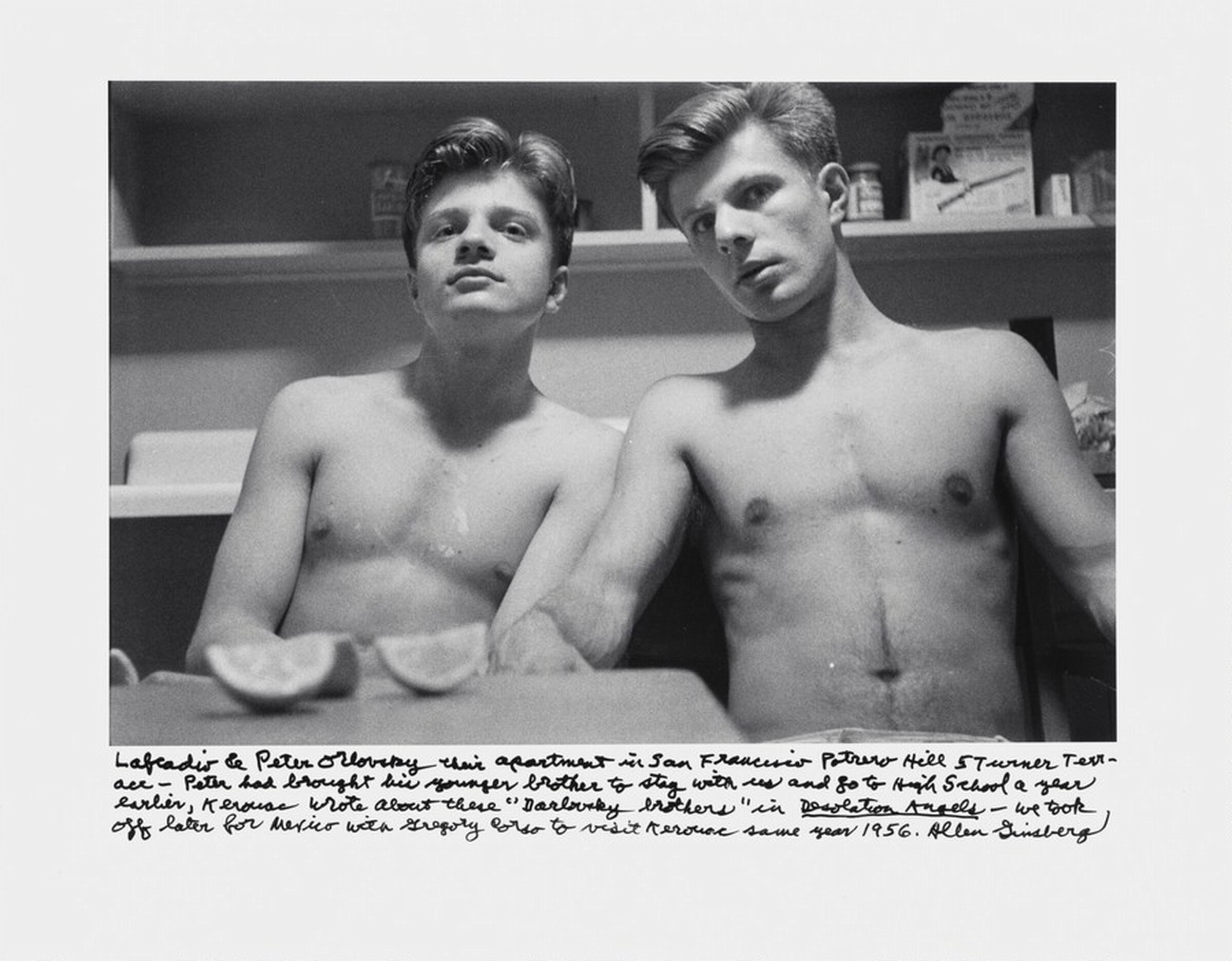 Lafcadio & Peter Orlovsky their apartment in San Francisco Potrero Hill 5 Turner Terrace — Peter had brought his younger brother to stay with us and go to High School a year earlier, Kerouac wrote about these “Darlovsky Brothers” in _Desolation Angels_ —we took off later for Mexico with Gregory Corso to visit Kerouac same year 1956., Allen Ginsberg, 1956, printed later