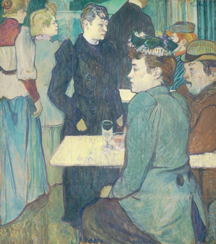 Seven people with cream-white skin crowd together, sitting at or standing among tables in an interior space in this vertical painting. The composition is dominated by shades of blue and pale green. On the right side and closest to us, a woman sits opposite a man at a butter-yellow table, both facing our left in profile. The table extends in from the right, almost halfway up the canvas. The pair are shown from the knees up and span most of the height of the painting. The woman wears a long, teal-blue jacket over a peanut-brown skirt and a frilled cap topped with a pine-green bow. The man wears an olive-green bowler and cinnamon-brown coat, and rests one arm on the table. Two glasses sit on the table in front of them. In the center of the painting, a woman wearing a long, black coat stands on the far side of the table, her head nearly reaching the top edge of the composition. Her body is angled slightly to our right and she gazes off in that direction. Beyond her is another table with two men partly obscured by the couple in front of us. One sitting at the table has flame-red hair topped with a round cap, and a portion of his aqua and peacock-blue striped jacket is visible. Near him, another person in a dark garment with a high collar stands with their back to us, most of the head cropped by the top edge. Along the left side, two women stand one behind the other with their backs to us. The woman closest to us looks away, wearing a short, parchment-white jacket over an aquamarine-blue skirt. The jacket is belted at the waist and the collar, upper back, and long cuffs are rust red. The woman beyond her turns her head to our right in profile, and wears a light blue jacket and pale green skirt. The features and clothing of each person in the scene is outlined in charcoal gray. The artist signed the painting in the upper right corner, “HTLautrec,” with the H, T, and L interlocking to make a monogram.