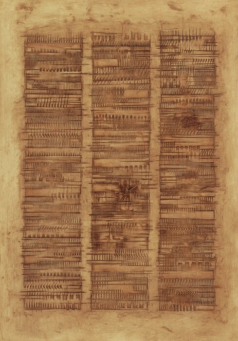 Printed in brown on tan paper are three equal columns of mostly vertical, overlapping marks set within wide margins in this collagraph. Some marks are like tally lines, and others are like tiny boxes. The impression is of early writing or a densely, geometrically patterned textile. Two dark areas appear to be scratched out. One is just below center of the middle column, and the other is about a third of the way down the rightmost column.