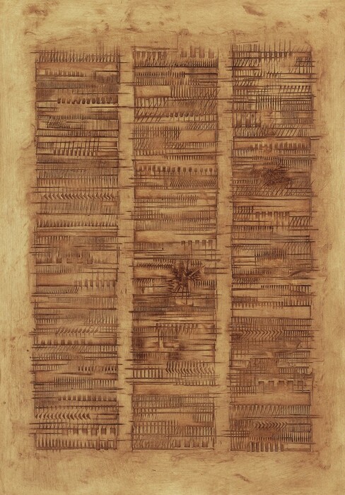 Printed in brown on tan paper are three equal columns of mostly vertical, overlapping marks set within wide margins in this collagraph. Some marks are like tally lines, and others are like tiny boxes. The impression is of early writing or a densely, geometrically patterned textile. Two dark areas appear to be scratched out. One is just below center of the middle column, and the other is about a third of the way down the rightmost column.