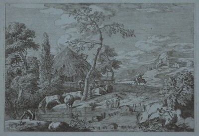 Cattle and Figures at a Farmyard Stream