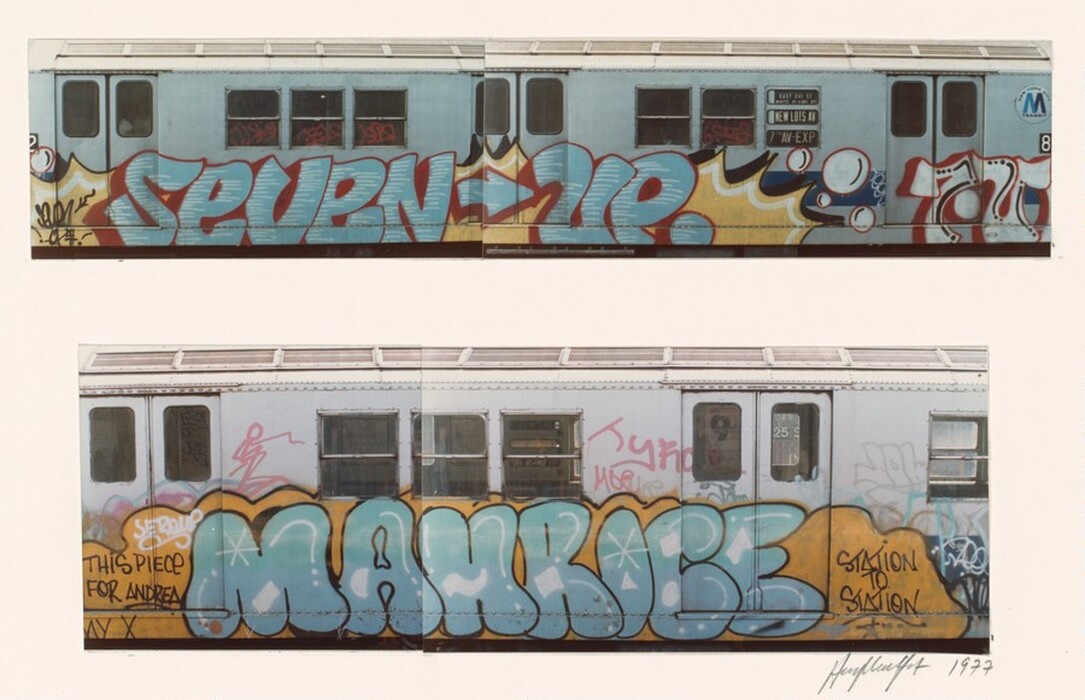 This is a photograph of two subway train cars covered in graffiti. The upper image shows a blue subway train with graffiti art depicting the word "SPURN" and an arrow pointing to the letters "UP," surrounded by vibrant colors like red, yellow, and blue with stylized shapes resembling comic book art. In the lower part of the photograph, another section of the train is shown, featuring the word "MANRCE" in large blue letters with a yellow and orange background. Additional smaller graffiti tags are visible in various colors around the larger pieces, along with a dedication saying, "THIS PIECE FOR ANDREA," and the phrase "STATION TO STATION." Both images highlight the bold, colorful expressions of street art on the subway cars.
