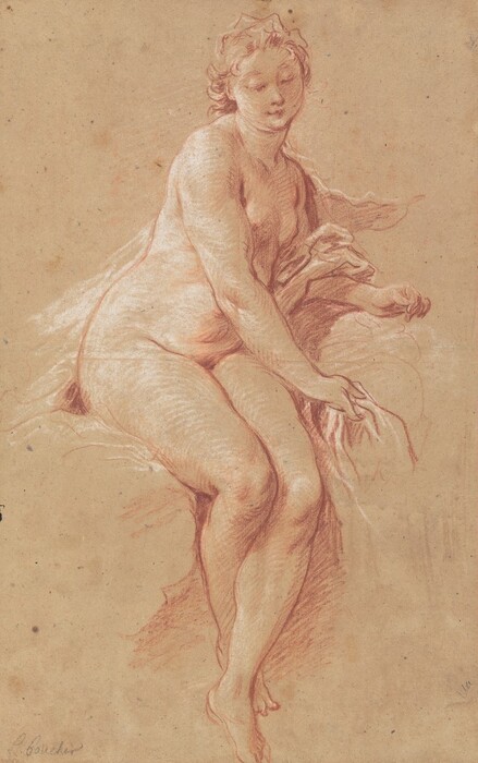 Sketched with red and white chalk on tan-colored paper, a nude woman sits looking down to our right in this vertical drawing. The woman’s body is angled to our right, and she has a round face with a small nose, bow-shaped mouth, and slight double chin. A few lines suggest her hair is swept up and back from her forehead. She leans onto her left elbow, to our right and farther from us, which appears to rest on a bank of clouds. She reaches forward with her other hand to hold some drapery. She has soft, rounded arms, tummy, and thighs, and her ankles are crossed. The artist signed the lower left corner, “f. boucher.”