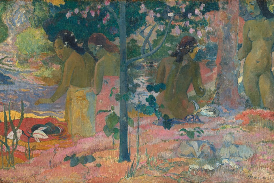 Four young women with olive-green-colored skin shaded with cool blue stand or sit in a vividly colored landscape surrounded by trees in this horizontal painting. A slender, spruce-blue tree divides the picture just to our left of center. The ground around the tree spans the width of the composition and is carpeted in coral orange, carnation pink, and lavender purple with a handful of emerald-green saplings and tufts of grass. A pair of young women are to each side of the central tree, and a body of water extends across the composition just beyond this bit of land. To our left, the two women’s bodies face away, and they look back over their left shoulders at us. The girl on the left has black hair and wears a honey-orange and pale blue fabric wrapped around her waist. The girl next to her has copper-red hair with a pink cloth wrapped around her chest. They stand by or in the water so are shown from the knees up. The water there is made up of swirling pools of flame red and golden yellow bordered by lilac purple and peacock blue. On the other side of the tree, a young woman with white flowers in her brown hair sits on the ground, also with her back to us. The fourth faces us along the right edge of the canvas. She has black hair and stands next to and touches a thicker tree trunk with one hand. These two women are nude. The water beyond them is painted with patches of rose pink, lemon yellow, and ice blue. Areas mottled with teal, honeydew, and bottle green suggest shrubs and trees lining the far side of the water. Closer inspection reveals two ghostly, pale blue dogs lying on the ground near the lower right corner. The artist signed and dated in lower right, “P Gauguin 97.”