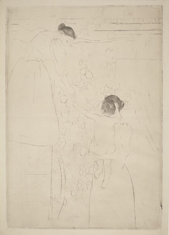 Printed with faint black lines on cream-white paper, a woman standing on a ladder propped against a wall hands fruit down to a nude child held by a second woman in this vertical etching. The women wear long-skirted dresses with long, loose sleeves, and their hair is pulled back in buns at the napes of their necks. The ladder, to our left, leans against vines growing up a wall. The woman standing on the ladder leans and looks down in profile at the child to our right. The child sits facing away from us in the other woman’s arms, bare buns squished along one forearm. The child reaches for the fruit, perhaps a cluster of small grapes. The second woman’s face is hidden by the child’s head. An opening in the wall to the right leads back to an open space.