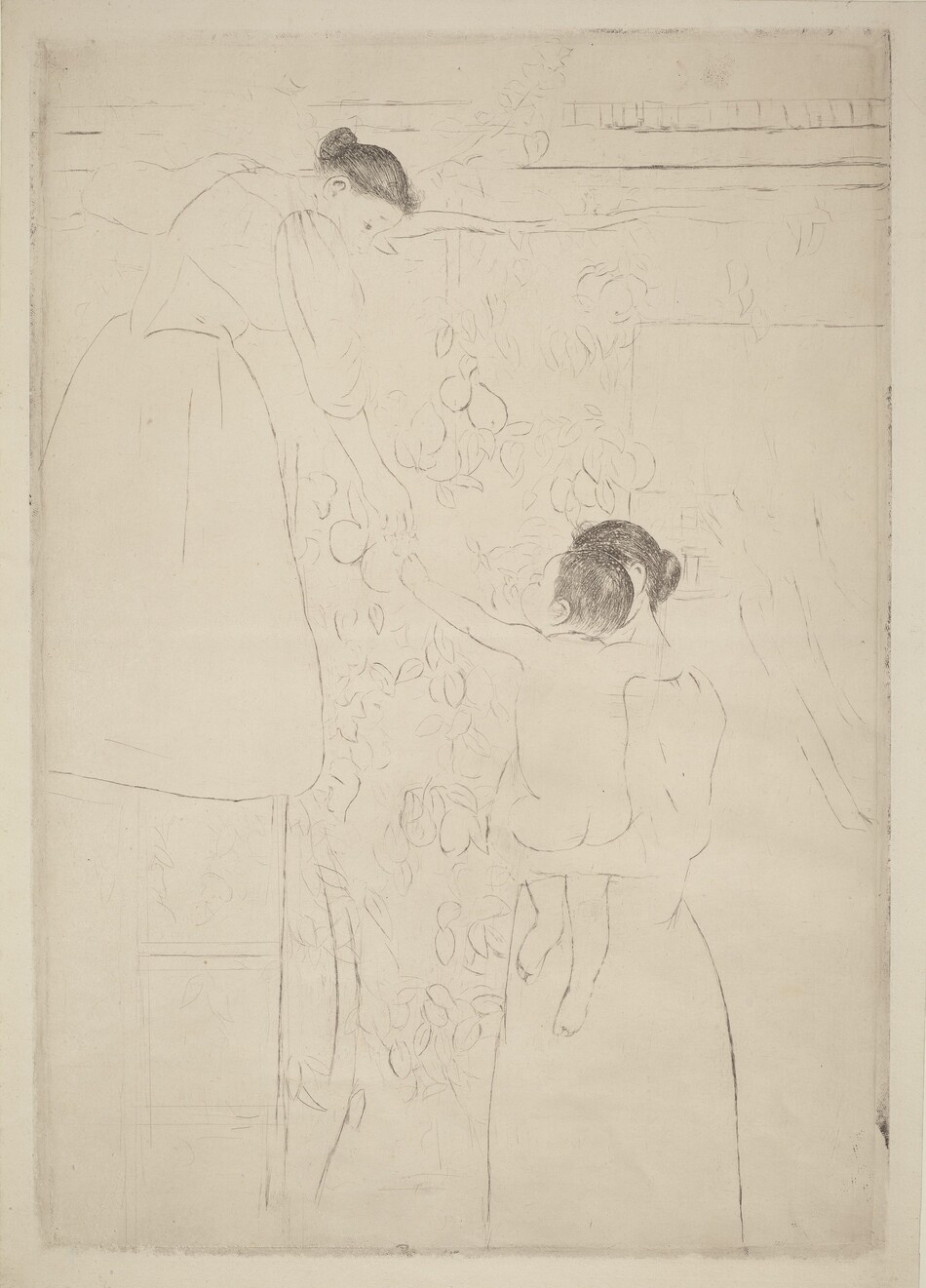 Printed with faint black lines on cream-white paper, a woman standing on a ladder propped against a wall hands fruit down to a nude child held by a second woman in this vertical etching. The women wear long-skirted dresses with long, loose sleeves, and their hair is pulled back in buns at the napes of their necks. The ladder, to our left, leans against vines growing up a wall. The woman standing on the ladder leans and looks down in profile at the child to our right. The child sits facing away from us in the other woman’s arms, bare buns squished along one forearm. The child reaches for the fruit, perhaps a cluster of small grapes. The second woman’s face is hidden by the child’s head. An opening in the wall to the right leads back to an open space.