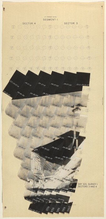 The image shows a grid layout with intersecting straight lines and circles forming a pattern across the upper section. Beneath this grid, overlapping dark and light rectangular shapes densely populate the space, creating a mosaic-like structure. These elements form an abstract visual with a resemblance to a jigsaw puzzle or aerial map. At the bottom right, a sequence of numbers adds to the structured complexity of the arrangement.