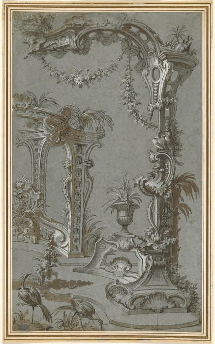 The image displays a complex arrangement of flowing curves and ornate lines in an abstract architectural composition. The shapes resemble elaborate garden trellises and floral embellishments, akin to large decorative arches in classical gardens. Detailed patterns suggest foliage, with leaves and tendrils weaving through the design, while the base is decorated with shell-like motifs. The curved forms on either side of the structure resemble the bodies of peacocks. Ornamental columns and arches enhance the overall grandeur, conveying a sense of a luxurious outdoor space.