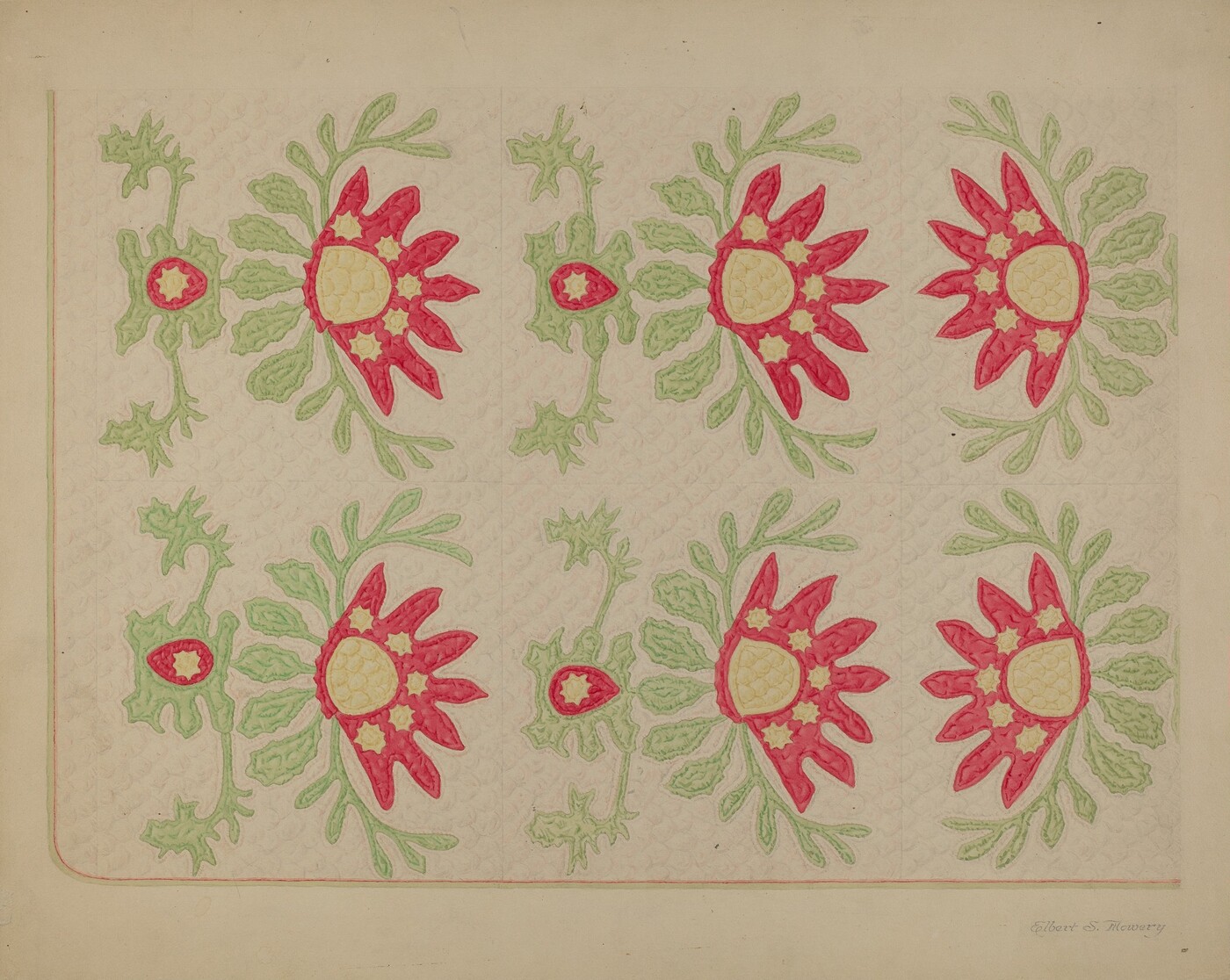 The image displays a repeating pattern of large floral designs in red and yellow colors with green leaves on a beige background. The flowers are arranged in alternating rows with connecting stems. The color palette predominantly includes red, green, and yellow against a beige surface. The design features symmetrical and organized positioning of flowers and leaves, covering the entire image.
