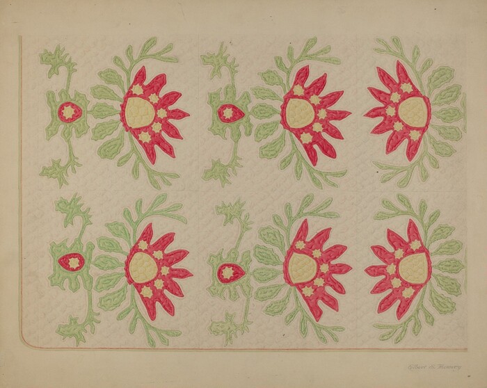The image displays a repeating pattern of large floral designs in red and yellow colors with green leaves on a beige background. The flowers are arranged in alternating rows with connecting stems. The color palette predominantly includes red, green, and yellow against a beige surface. The design features symmetrical and organized positioning of flowers and leaves, covering the entire image.