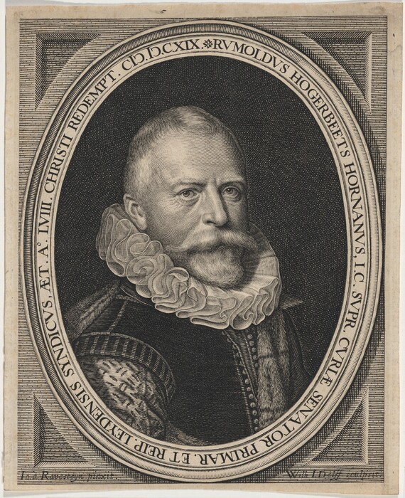 The image shows a bust of a man within an oval frame. He is facing the viewer with strong facial features, including a prominent nose and a full moustache. The man has close-cropped hair and a slight beard. He is wearing a detailed garment with a ruffled collar. The frame around him has inscriptions, and the background is dark. No jewelry or objects are visible.