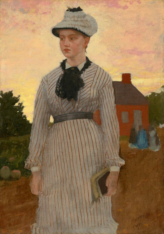 Shown from the knees up, a pale-skinned woman stands close to us with a red schoolhouse in the distance under a sunset sky in this vertical painting. The woman’s body faces us, but she turns her head to look off to the left with light brown eyes. She has a short, straight nose, full pink lips, and a round face. Her blond hair is pulled up under a round white hat layered with ruffles, which lies like a pancake over the top of her head. Her white dress is vertically striped with thin rust-red lines and has a long-sleeved, tight-fitting bodice and a long skirt. A dark gray belt is cinched around her narrow waist, and she wears a black, lacy ruffle around her neck. The woman’s arms hang by her sides, and she holds two paperback-sized books in her left hand, to our right. An earth-brown lawn stretches back to the schoolhouse, which has crimson-red walls, a chimney, and a dark gray roof. Three forms painted with a few streaks of dark or light gray or topaz blue suggest people standing near the door of the schoolhouse. Trees and a grassy lawn beyond the building are loosely painted with blended strokes. The sky is shaded pale lemon yellow and light peach with touches of rose pink. The artist signed and dated the lower right corner, “HOMER 1873.”