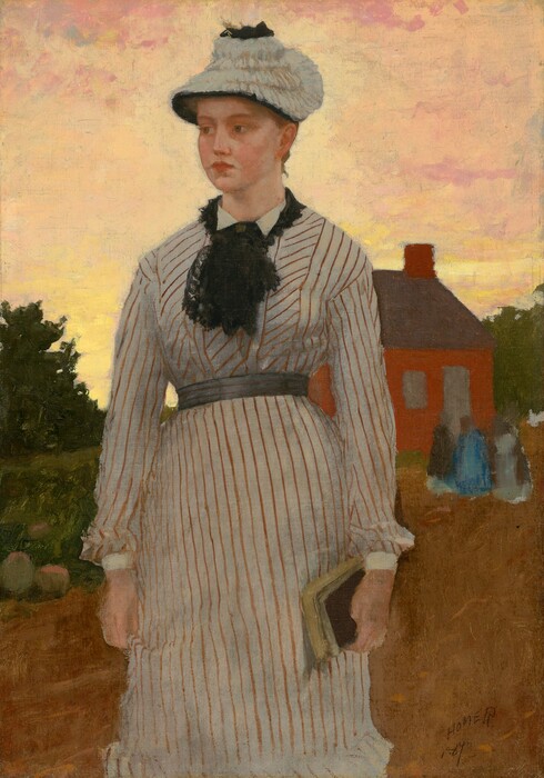 Shown from the knees up, a pale-skinned woman stands close to us with a red schoolhouse in the distance under a sunset sky in this vertical painting. The woman’s body faces us, but she turns her head to look off to the left with light brown eyes. She has a short, straight nose, full pink lips, and a round face. Her blond hair is pulled up under a round white hat layered with ruffles, which lies like a pancake over the top of her head. Her white dress is vertically striped with thin rust-red lines and has a long-sleeved, tight-fitting bodice and a long skirt. A dark gray belt is cinched around her narrow waist, and she wears a black, lacy ruffle around her neck. The woman’s arms hang by her sides, and she holds two paperback-sized books in her left hand, to our right. An earth-brown lawn stretches back to the schoolhouse, which has crimson-red walls, a chimney, and a dark gray roof. Three forms painted with a few streaks of dark or light gray or topaz blue suggest people standing near the door of the schoolhouse. Trees and a grassy lawn beyond the building are loosely painted with blended strokes. The sky is shaded pale lemon yellow and light peach with touches of rose pink. The artist signed and dated the lower right corner, “HOMER 1873.”