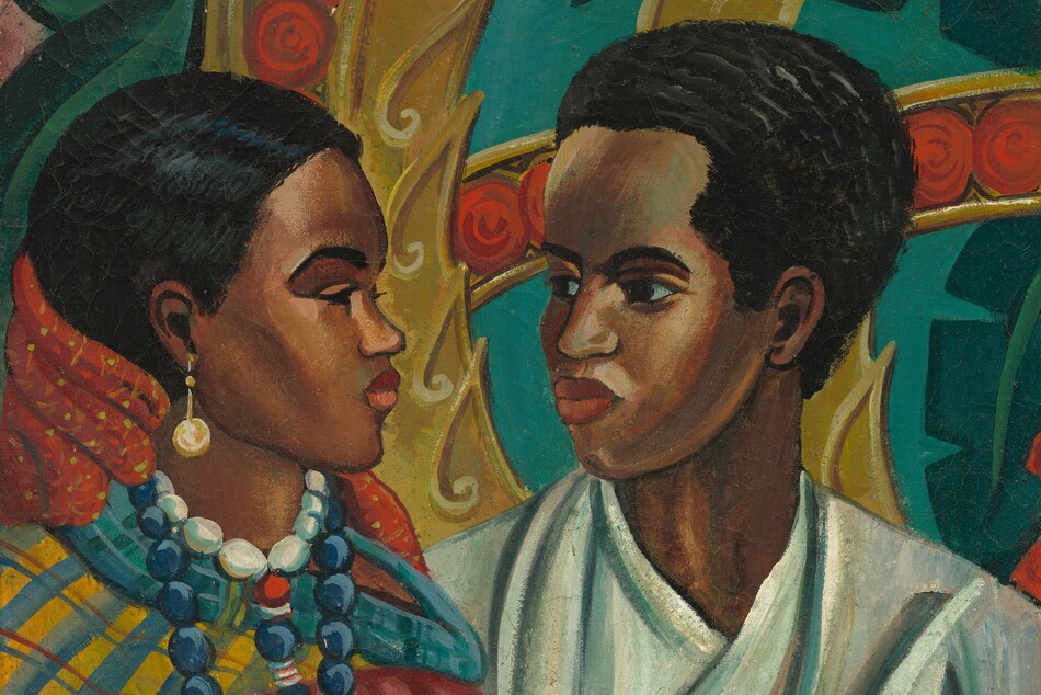 Shown from the shoulders up, a woman and man, both with brown skin, look at each other in this horizontal portrait painting. Their bodies are angled toward each other and both have black hair, dark eyebrows, and full, coral-red lips. To our left, the woman faces our right in profile. She has a delicate nose and high cheekbones. Her eyes are painted with black lashes over black eyes, without the white of the eye. A gold disk earring hangs from the ear we can see, and she wears white and royal-blue beads in two necklaces. Her hair is combed or styled close to her head, and a swath of brick-red fabric, flecked with golden yellow, wraps around the back of her neck. A scarf with butter-yellow, denim-blue, and red stripes in a plaid pattern is draped across her shoulders, over a rose-pink garment. To our right, the man’s face is angled toward the woman but we see both eyes and the far cheek. His hair is closely cropped and he has a rounded nose, curving brows, and full cheeks. The shadows and folds of his white garment are painted with streaks of teal blue. The background behind the pair is patterned with bands and geometric designs of mustard yellow, scarlet red, and teal, with some stylized leaves in emerald and forest green. The artist signed the work in red paint in the lower right corner, “Lois M. Jones.”