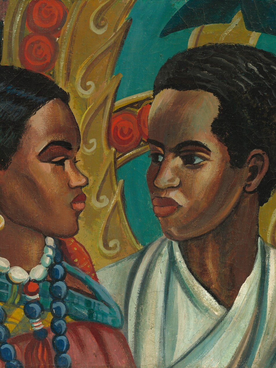 Shown from the shoulders up, a woman and man, both with brown skin, look at each other in this horizontal portrait painting. Their bodies are angled toward each other and both have black hair, dark eyebrows, and full, coral-red lips. To our left, the woman faces our right in profile. She has a delicate nose and high cheekbones. Her eyes are painted with black lashes over black eyes, without the white of the eye. A gold disk earring hangs from the ear we can see, and she wears white and royal-blue beads in two necklaces. Her hair is combed or styled close to her head, and a swath of brick-red fabric, flecked with golden yellow, wraps around the back of her neck. A scarf with butter-yellow, denim-blue, and red stripes in a plaid pattern is draped across her shoulders, over a rose-pink garment. To our right, the man’s face is angled toward the woman but we see both eyes and the far cheek. His hair is closely cropped and he has a rounded nose, curving brows, and full cheeks. The shadows and folds of his white garment are painted with streaks of teal blue. The background behind the pair is patterned with bands and geometric designs of mustard yellow, scarlet red, and teal, with some stylized leaves in emerald and forest green. The artist signed the work in red paint in the lower right corner, “Lois M. Jones.”