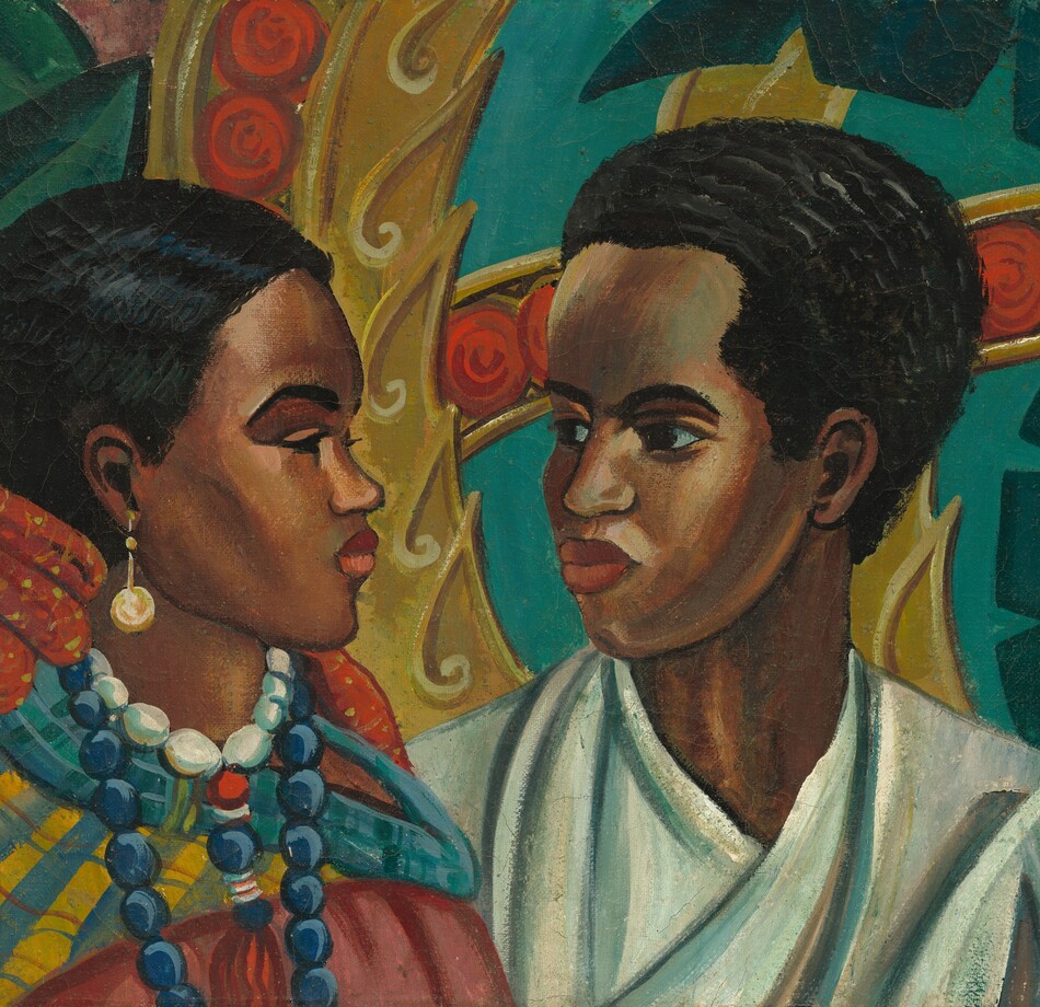 Shown from the shoulders up, a woman and man, both with brown skin, look at each other in this horizontal portrait painting. Their bodies are angled toward each other and both have black hair, dark eyebrows, and full, coral-red lips. To our left, the woman faces our right in profile. She has a delicate nose and high cheekbones. Her eyes are painted with black lashes over black eyes, without the white of the eye. A gold disk earring hangs from the ear we can see, and she wears white and royal-blue beads in two necklaces. Her hair is combed or styled close to her head, and a swath of brick-red fabric, flecked with golden yellow, wraps around the back of her neck. A scarf with butter-yellow, denim-blue, and red stripes in a plaid pattern is draped across her shoulders, over a rose-pink garment. To our right, the man’s face is angled toward the woman but we see both eyes and the far cheek. His hair is closely cropped and he has a rounded nose, curving brows, and full cheeks. The shadows and folds of his white garment are painted with streaks of teal blue. The background behind the pair is patterned with bands and geometric designs of mustard yellow, scarlet red, and teal, with some stylized leaves in emerald and forest green. The artist signed the work in red paint in the lower right corner, “Lois M. Jones.”