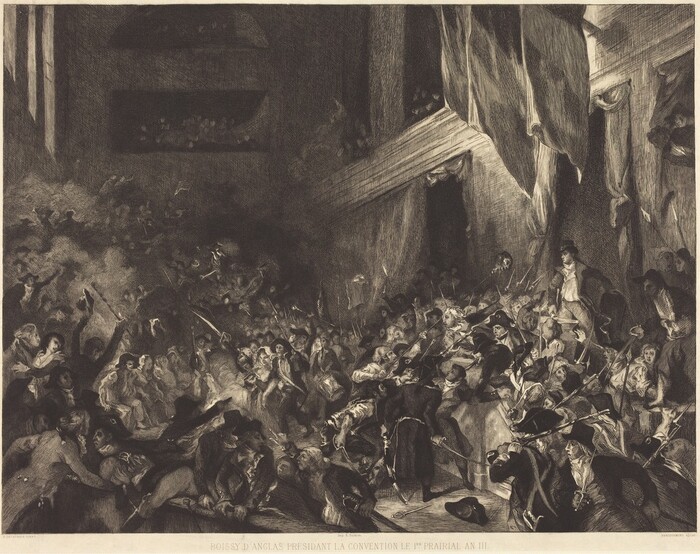 This is a painting of a crowded hall or theater filled with motion and tension. Various people are depicted in dramatic poses within a grand, dimly-lit interior space with draped ceilings. Some figures hold weapons or point, adding to the chaos. The scene suggests an upheaval inside what appears to be an assembly hall, with galleries above filled with onlookers. The detailed figures convey a sense of energy and intensity within the crowded space.