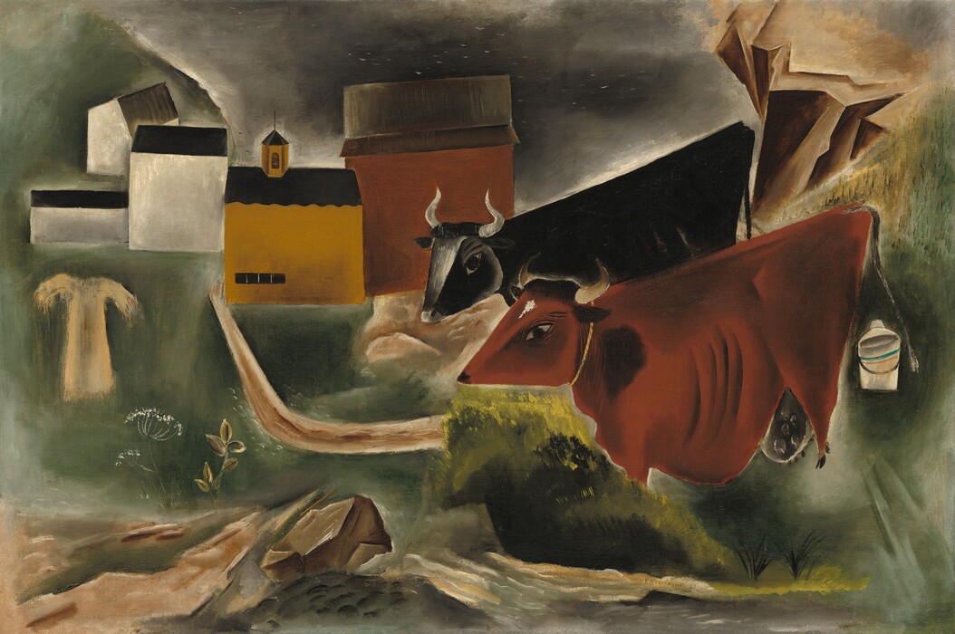 Two cows stand side-by-side to our right with a path leading to a row of buildings in the distance to our left in this dreamlike, stylized landscape painting. The forms are simplified, angular, and blocky, and seem to be overlapping, though most of the shapes painted with blended strokes. To our right, a black cow stands beyond a brown cow, both facing our left in profile. The heads are triangular and come to exaggerated points under curving horns, and the ribs of the cow closer to us are painted with curving black lines down the body. Their legs also taper to exaggeratedly pointed, tiny hooves. A milk jug sits to our right, behind them. The row of five buildings to our left are created with blocks of white, golden yellow, brick red, and black. A sprig of leaves and a lacy white flower grow to our left on the row of oatmeal-brown rocks jutting up along the bottom edge of the composition. An abstracted shirt-like form floats to our left against the background of teal green that covers the bottom two-thirds of the painting. The area above the buildings is painted with a field of silvery charcoal gray. The artist signed and dated the painting with tiny letters under the brown cow: "Y. Kuniyoshi 23."