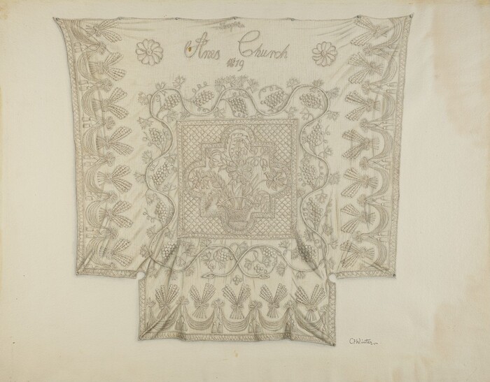 The image shows an intricately patterned embroidered textile. It features a large square centerpiece with floral motifs set within a basket, surrounded by a border of repeating designs. The text at the top reads "Annes Church 1819." The color palette includes muted tones of beige and grayish-brown. The fabric is displayed symmetrically, with its sides extending horizontally and folds adding depth to the bottom section.