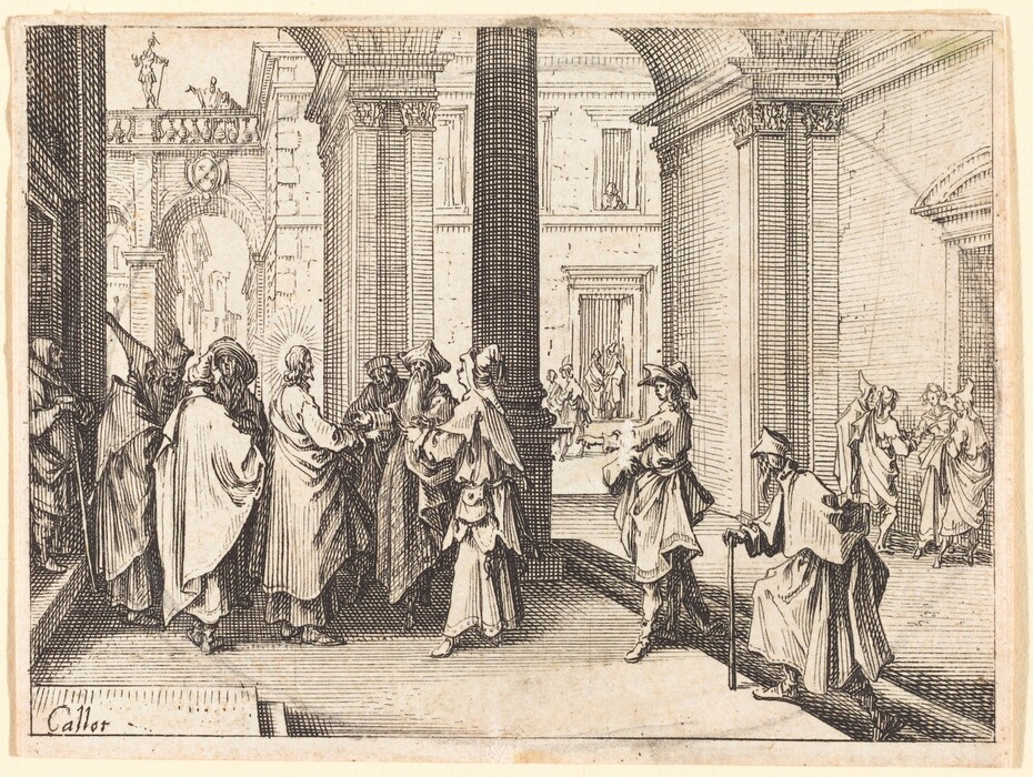 This is a drawing of an architectural and urban scene, featuring figures within classical columns and arches. The figures are engaged in various interactions, set against detailed architectural elements in the background. Line work and hatching are used to add texture and depth, enhancing light and shadow in the composition.