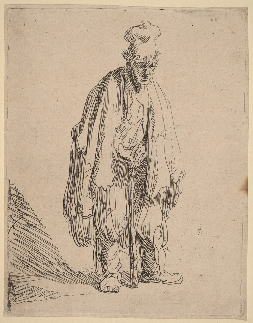 Beggar in a High Cap, Standing and Leaning on a Stick