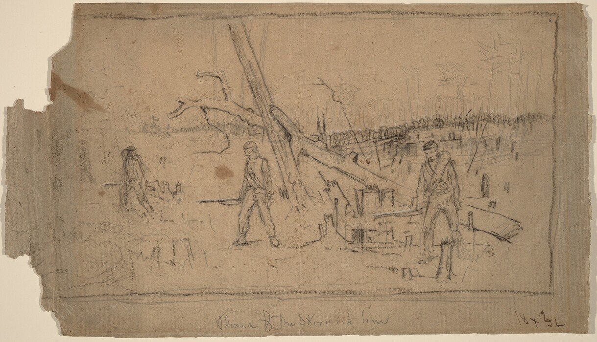 The image shows an unfinished sketch viewed from a slightly elevated perspective, portraying a scene with trees, brush lines, two figures in uniforms in a wooded area with stumps and a fallen tree trunk. The sketch features loose pencil or charcoal strokes in a monochromatic color palette, creating a rough and spontaneous quality reminiscent of a quick field sketch.