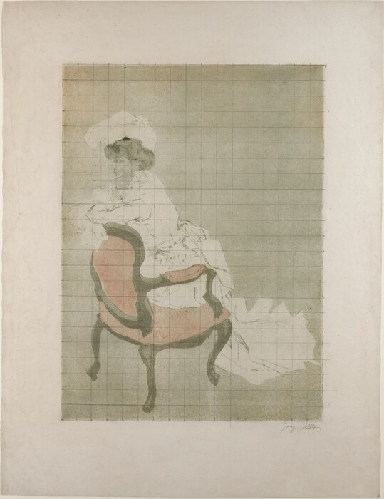 The image shows a woman seated in a chair. Her full body is visible, with the skirt of her dress extending beyond the chair. She is leaning slightly forward with her arms resting on the backrest of the chair, which has a wooden frame and an elaborate upholstery design. The woman's facial features are not detailed, and she wears her hair styled up with a large hat. She is dressed in a light-colored outfit, possibly with decorations around the neck and shoulders. The background is neutral and there is a grid pattern overlaid on the image.
